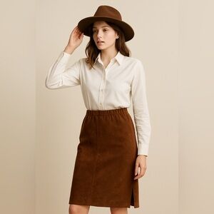 Vera Maxwell Brown Ultra Suede Midi Skirt Elastic Waist Vintage USA Small